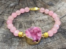 Faceted pink jade and gold plated druzzy agate lobster clasp wrist mala